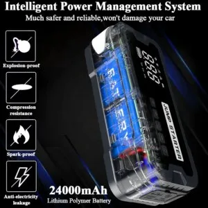 Car Jump Starter with Air Compressor Cordless Tire Inflator Portable Car Emergency Kit Jumper Fast Charging Power Bank 24000mAh