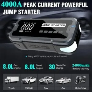 Car Jump Starter with Air Compressor Cordless Tire Inflator Portable Car Emergency Kit Jumper Fast Charging Power Bank 24000mAh